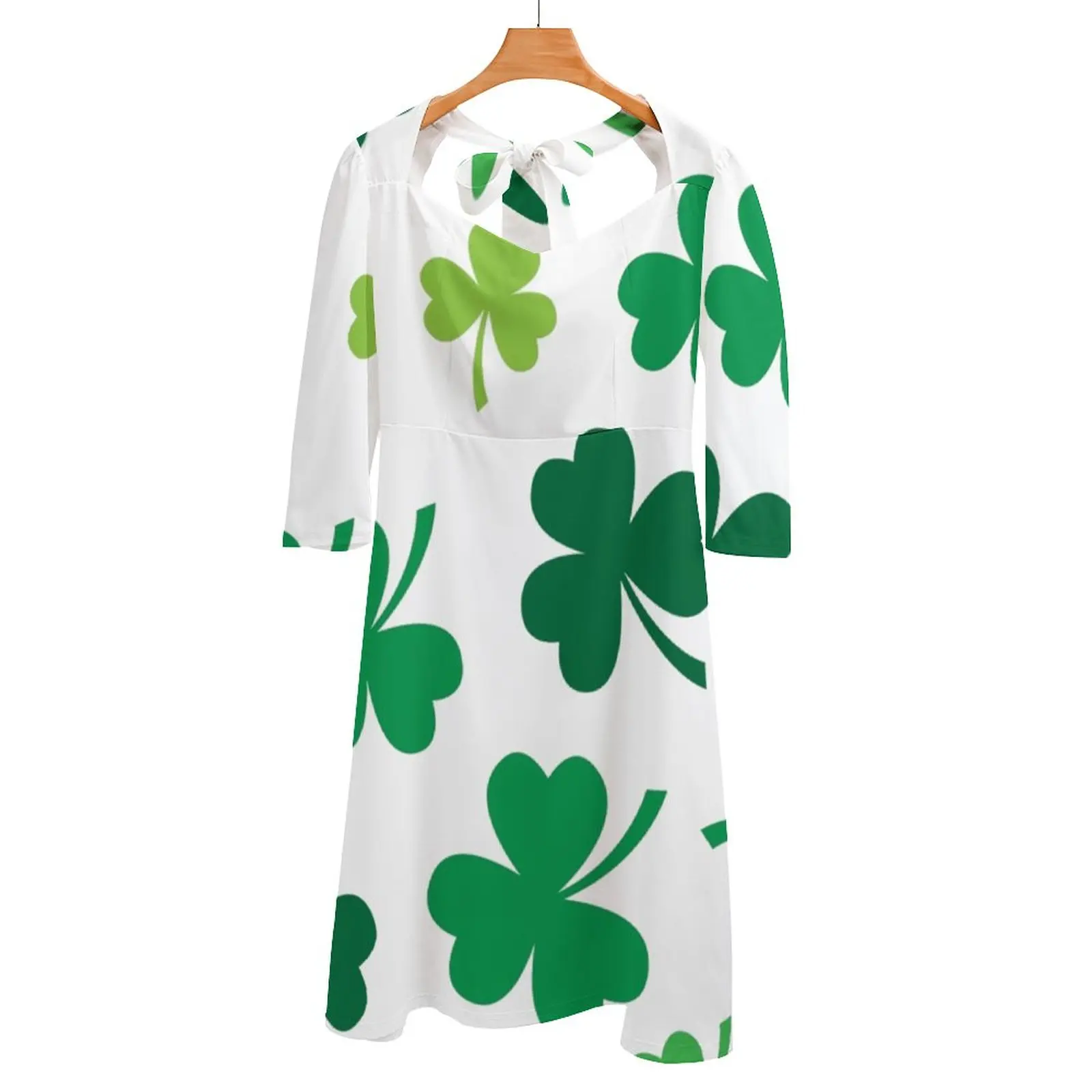 Irish Shamrocks All Over Back Lacing Backless Dress Square Neck Dress Sweetheart Knot Flared Dress Day Day St Partick St Paddy