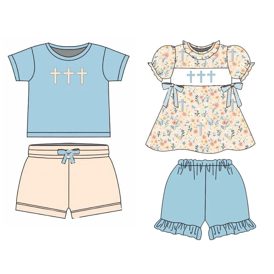 

Round neck lace puff sleeve dress top paired with shorts girl set bow decoration cross print matching boy set milk silk wholesal