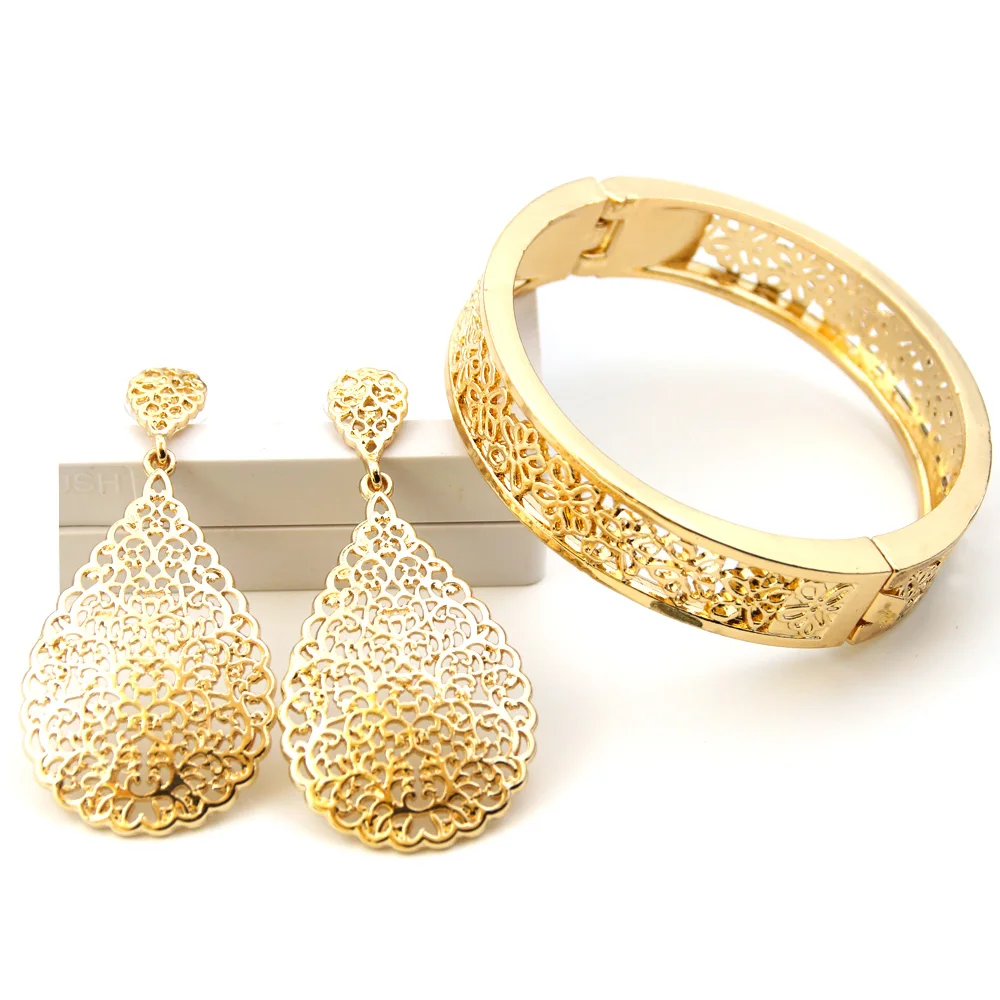 Sunspicems Chic Gold Color Bangle Earring Set Arabic Muslim Wedding Jewelry Luxury Bridal Drop Earring Algeria Brand Bijoux Gift