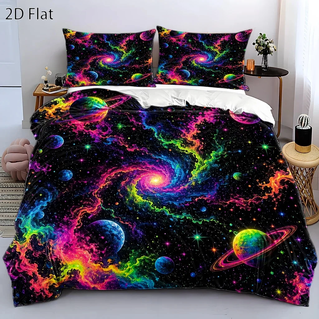 3Pc Colorful Universe Starry Sky Duvet Cover Set, Three-Piece Bedding Set (1*Duvet Cover + 2*Pillowcases), Suitable for All Seasons, Machine Washable, Invisible Zipper Design, Large Duvet Cover for Double Bed, Suitable for Home, Dormitory, Master Bedroom, Guest Room, Dreamy Galaxy Pattern Bedding Set, Stylish and Unique Bedroom Bedding, Popular Three-Piece Bedding Set, Comfortable and Skin-Friendly Bedding, Trendy Starry Sky Theme Duvet Cover Set, Three-Piece Bedding Set Suitable for Multiple Settings