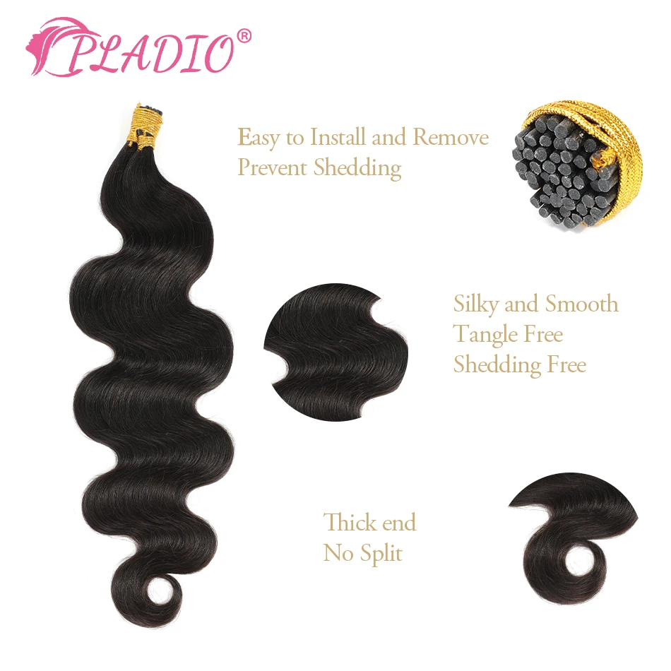 PLADIO Body Wave I Tip Hair Extensions 100% Real Human Hair  0.5g/ 1g/Strand 50pc/Set Capsule Keratin Natural Fusion Human Hair