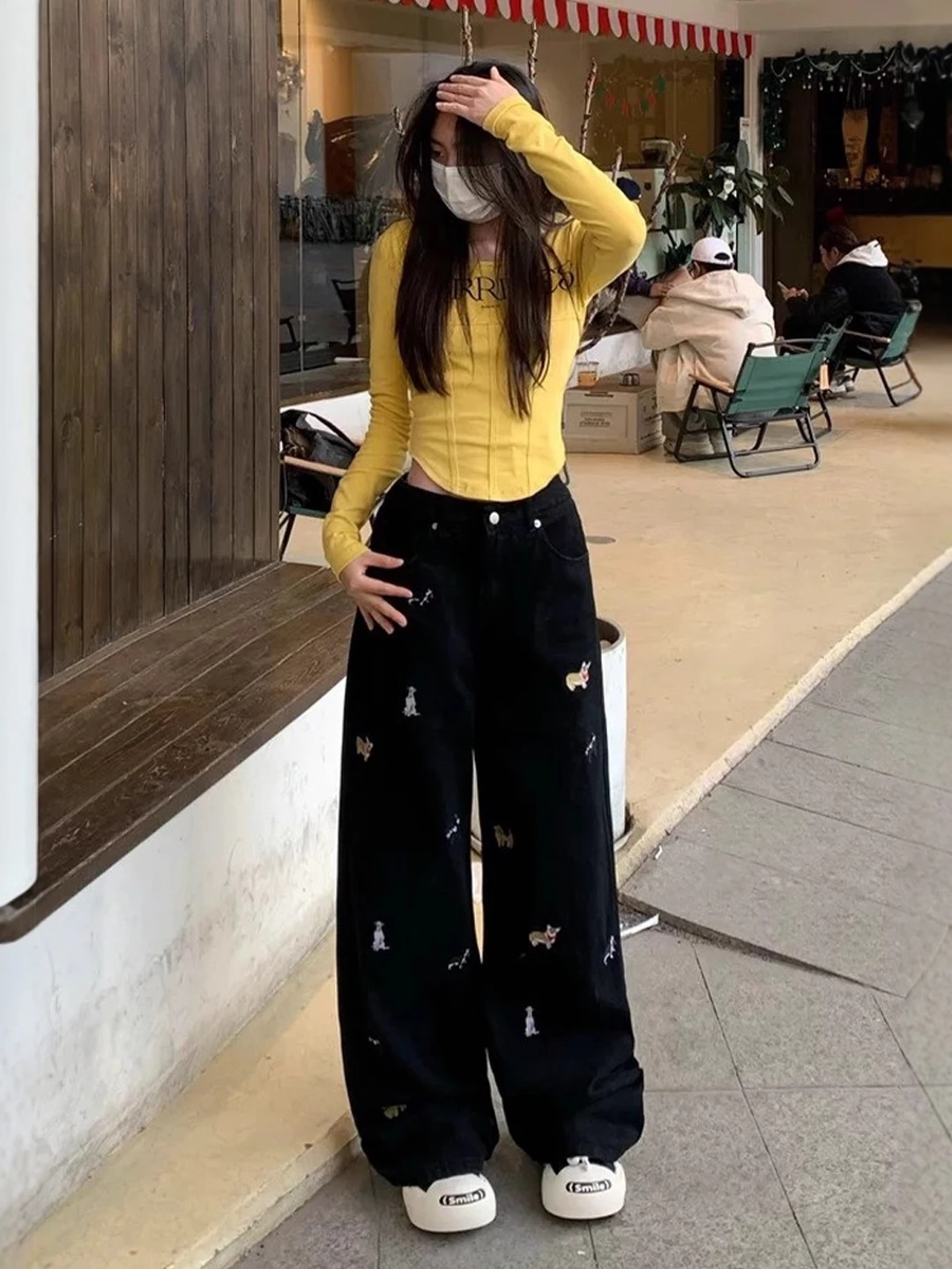 

plus Size American Retro Embroidered Dog Wide Leg Jeans Women Loose Slim Straight Long Pants Fat MM High Waist Denim Pants
