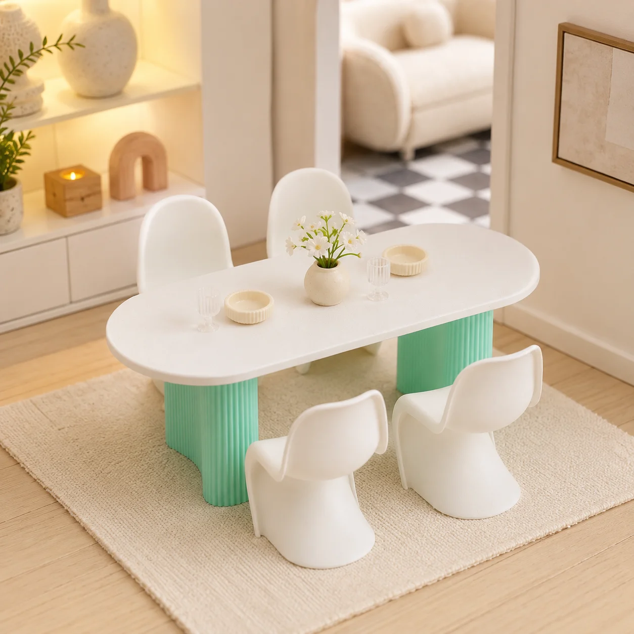 Dollhouse Furniture, Miniature Furniture, Dollhouse Miniature Models, 1:12 Scale Modern Macaron Color-Blocking Dining Table and Chair Set, Pla Material, Not Made of Wood Creative Color-Blocking Design, Includes a Mini Dining Table and Chairs, Suitable for Decorating Scenes Such as Dollhouse Dining Rooms and Kitchens. Exquisitely Crafted Designs Create a Warm and Modern Space, and Can Be Used for C