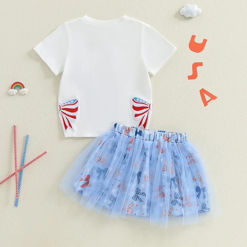 Abbigliamento da donna per il Giorno dell'Indipendenza, manica corta, girocollo, fiocco, lettera, ricamo, camicetta, gonna in tulle a trapezio