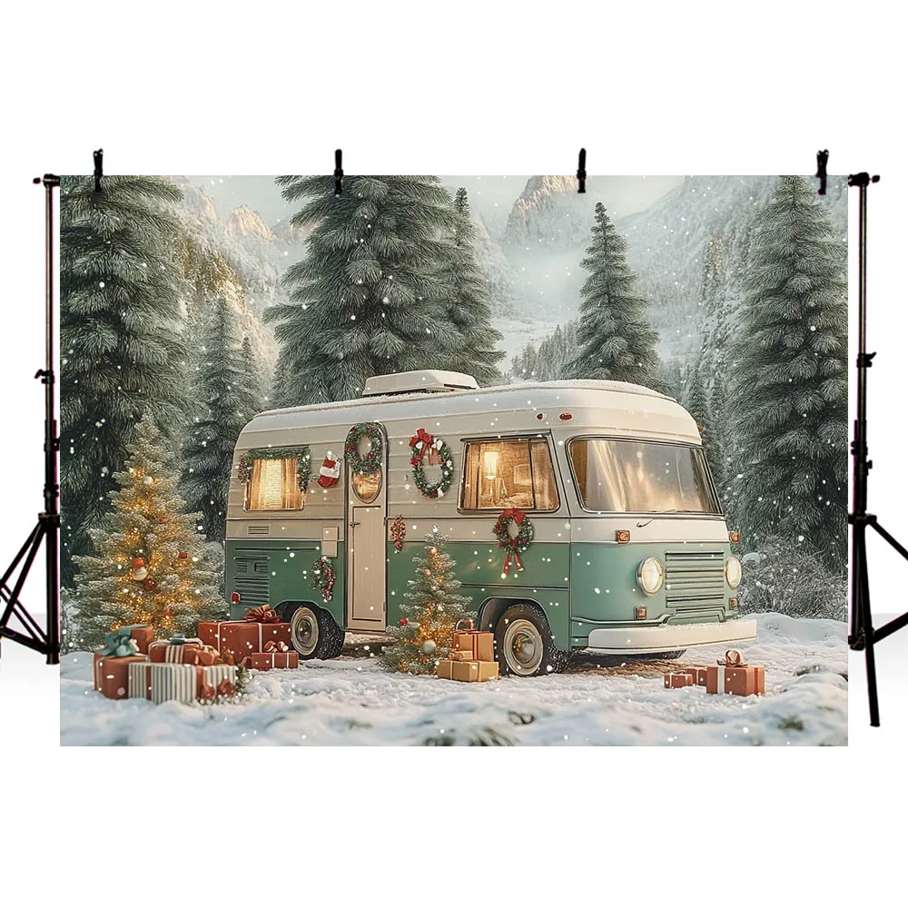 Mehofond Winter Christmas Camping Car Photography Backdrop White Fence Courtyard Xmas Tree Snowflake Forest Background Decor