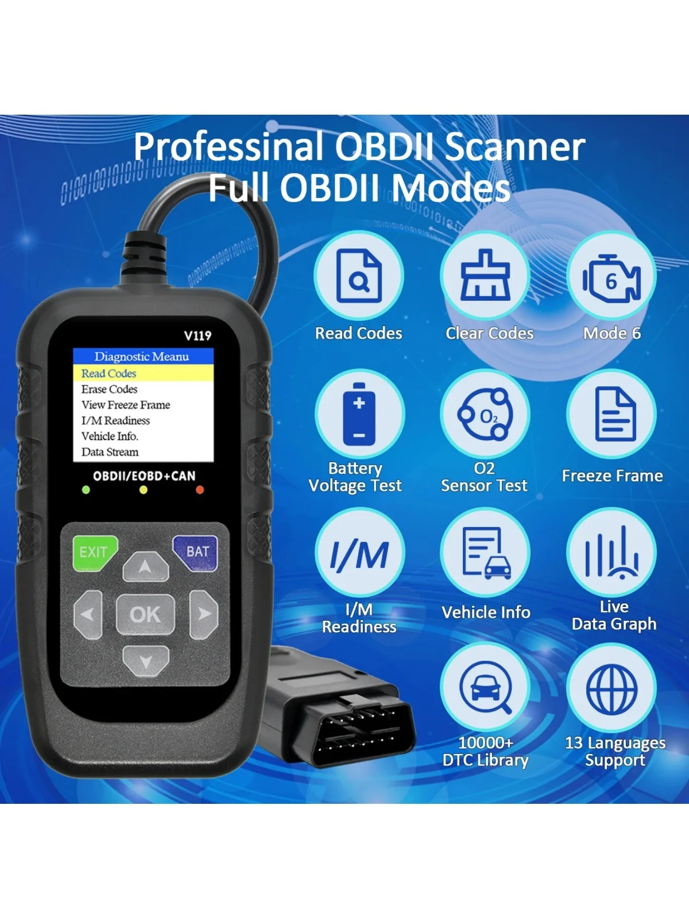 V119 OBD2-Scanner: ein Autodiagnosetool mit Spannungstest und USB-Stromversorgung, geeignet zum Lesen/Reinigen von Codes auf EOBD/