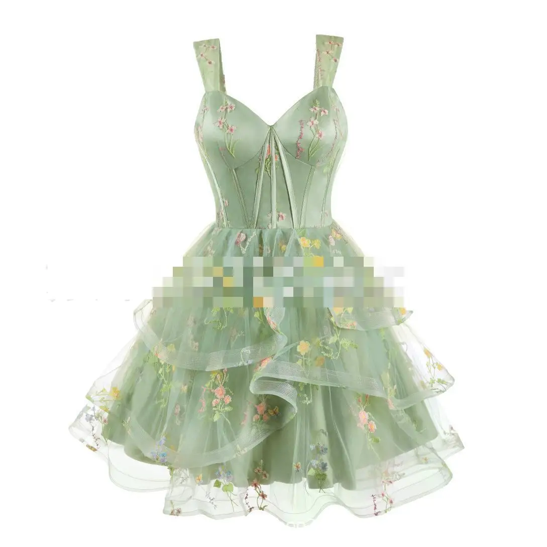 2026 New Deep V-neck Floral Shoulder Short Dress Sleeveless Sweet Retro Birthday Party Mini Summer Evening Dress Customized