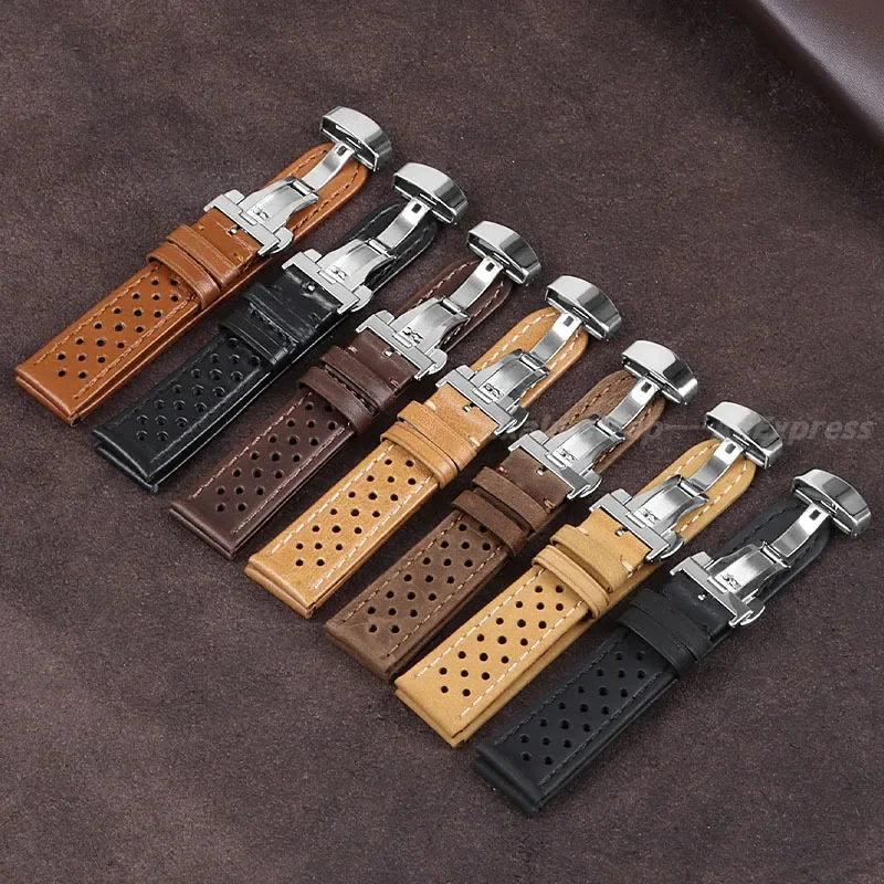 Vintage Cowhide Watchband 18mm 20mm 22mm Breathable Matte&Oil Leather Watch Strap Butterfly Buckle Men Women Universal Bracelet