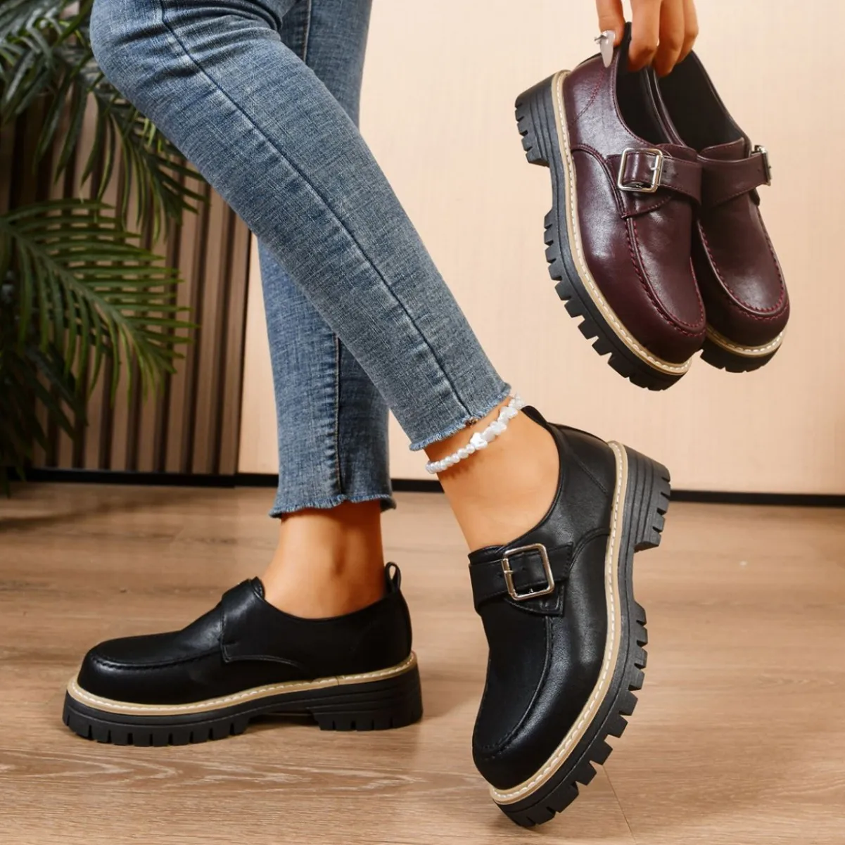 

Large Size Autumn Women's Thick Soled Loafers British Style Thick Heel Wear-resistant Casual Leather Shoes Zapatos De Mujer