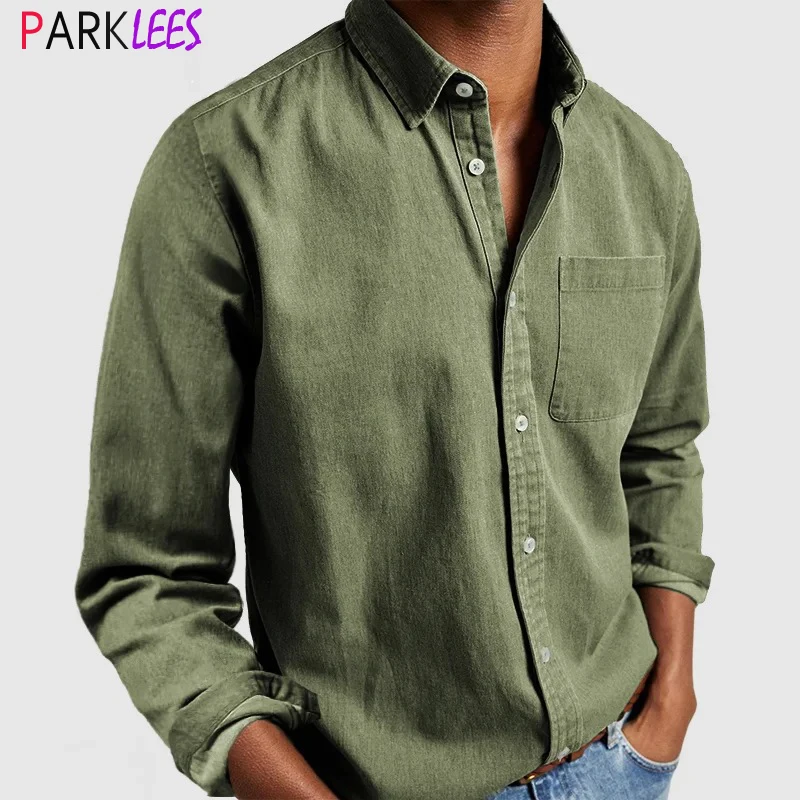 

Vintage Green Mens Dress Shirts 2024 Brand New Long Sleeve Slim Fit Shirt Men Casual Button Down Top Shirt Male Chemise Homme