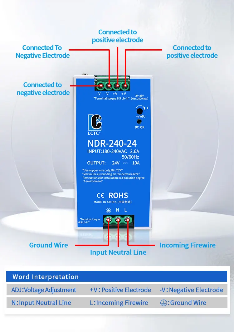 LCTC-Schaltnetzteil NDR-75W 120W 240W 480W Industrielles DIN-Schiene 12V 24V 48V AC/DC-Leistungstransformator mit Einzelausgang – Detail 2