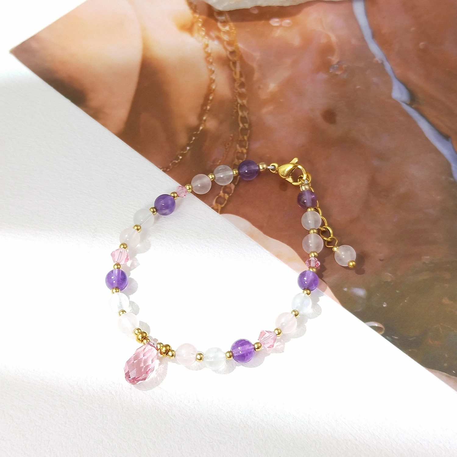 

Lii Ji Natural Rose Quartz Amethyst Moonstone 4mm Stainless Steel Handmade Bracelet Fashion Jewelry