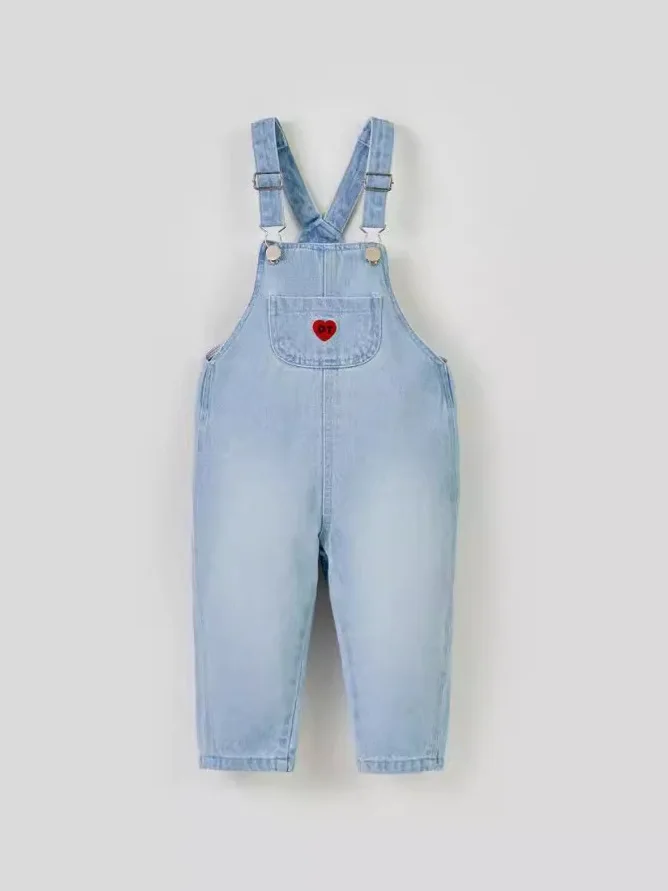 2024 Autumn New Baby Denim Strap Trousers Boy Girl Heart Pocket Denim Overalls Infant Toddler Casual Pants Kids Versatile Jeans