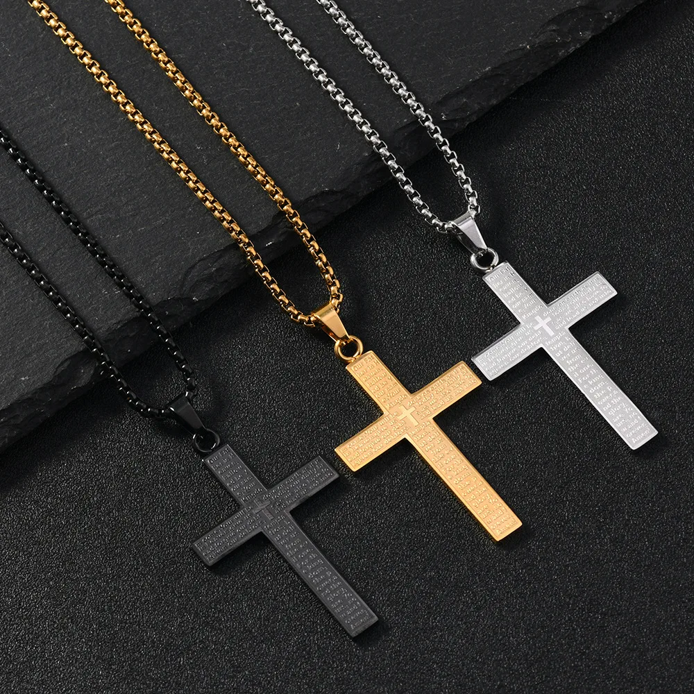 Collar con Colgante de Cruz de Acero Inoxidable con el Padre Nuestro para Hombres y Mujeres, Joyería Cristiana con Oraciones