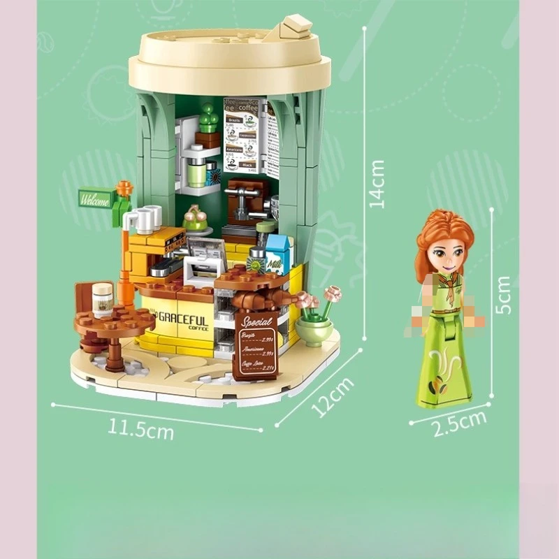 셈보 밀크티 가게 블록 창의적인 어린이 미니 거리 풍경 수제 조립 모델 교육용 커피숍 장난감 선물