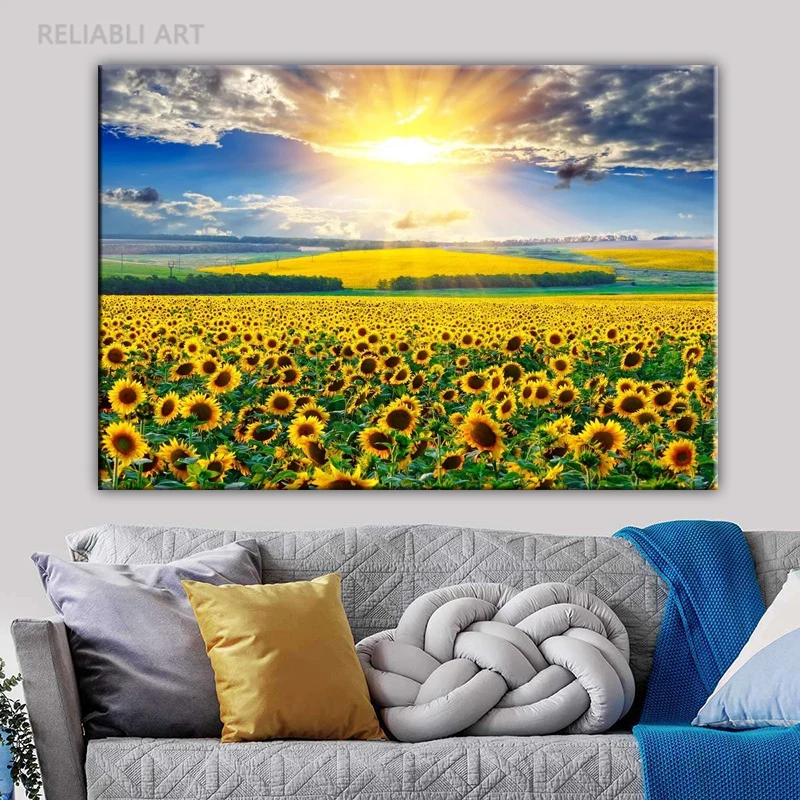 الكورية عباد الشمس قماش جدار الفن عباد الشمس مجال المشهد HD صور أشعة الشمس غروب الشمس الملصقات لغرفة المعيشة ديكور لا الإطار