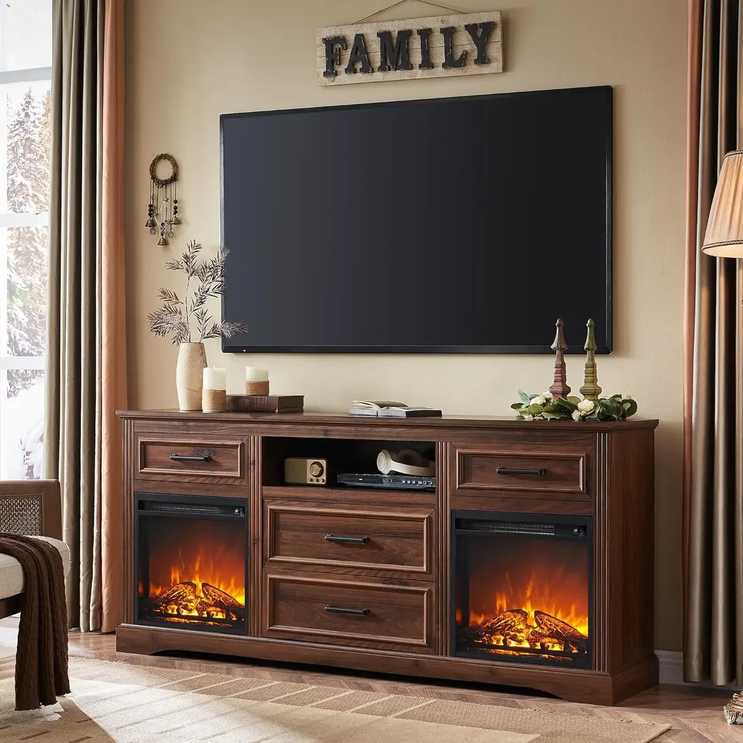 Farmhouse Double Fireplaces TV Stand for TVs Up to 80 inches, Rustic Entertainment Center with 4 Large Drawers, Large TV Console