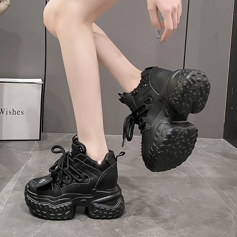 New Women Casual Platform Sneakers 10CM High Heels Autumn Sports Leather Shoes Breathable Trainers Chunky Sneakers Zapatos Mujer