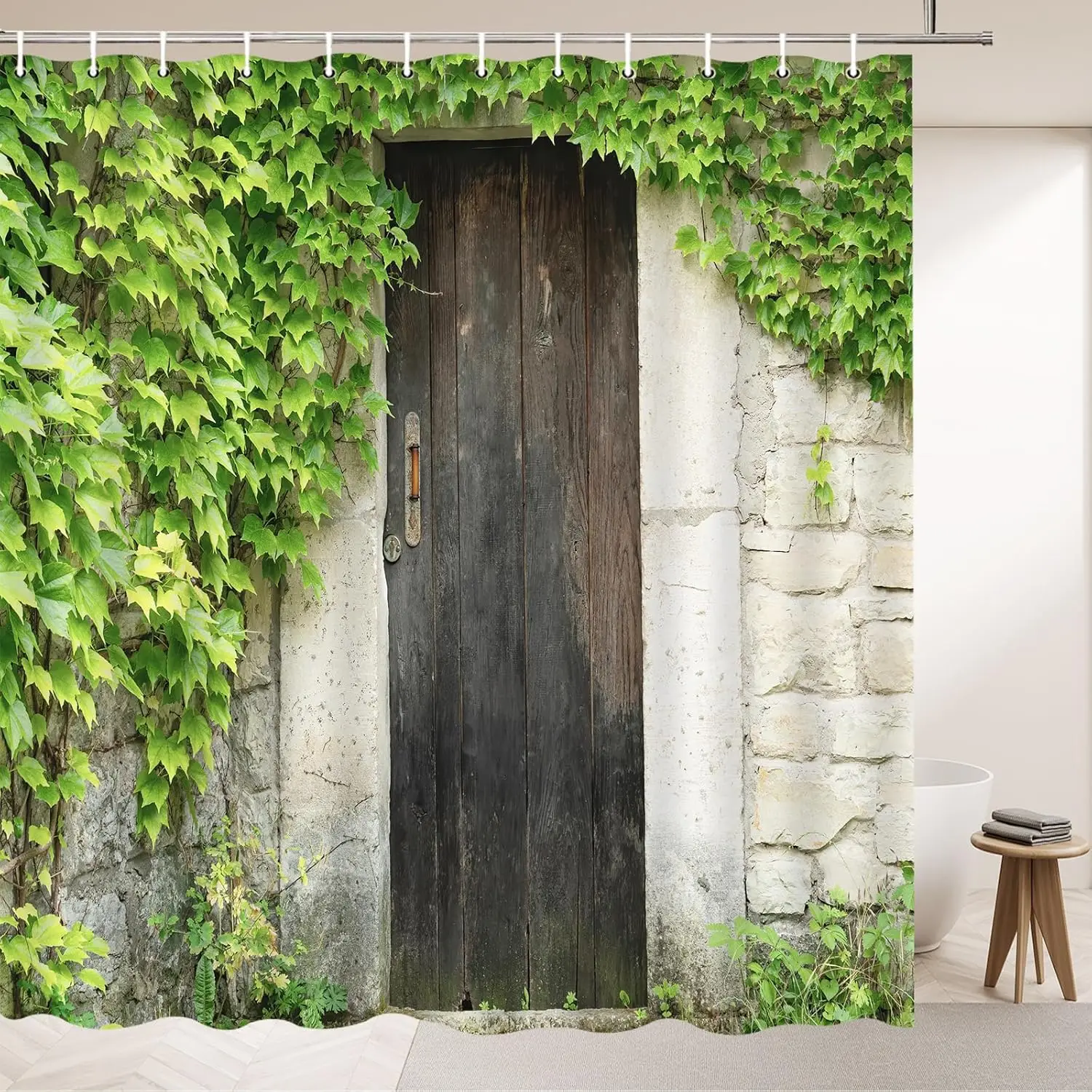 Stone House Landscape Shower Curtains Vintage Barn Wooden Door Green Leaves Vine Plants Spring Scenery Polyester Fabric Bathroom