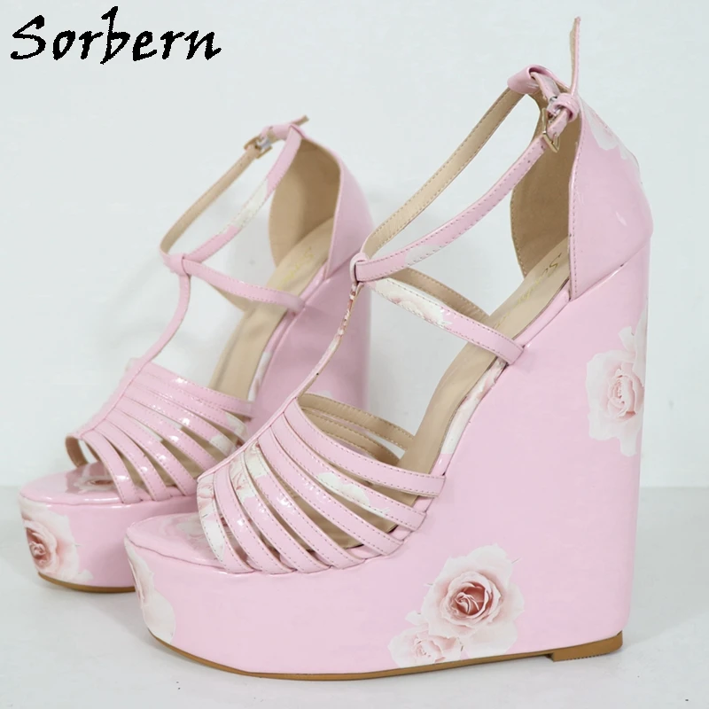 Sorbern 20cm Light Pink Floral Print Sandals Women Big Size T-Straps Platform Shoes Summer Style Open Toe Closed Heels Custom