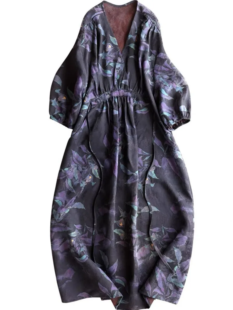 Chinese Style Flower Print Long Dress Women Spring Summer Vintage V Neck Long Sleeve Loose Dresses High Waist Daily Dresses