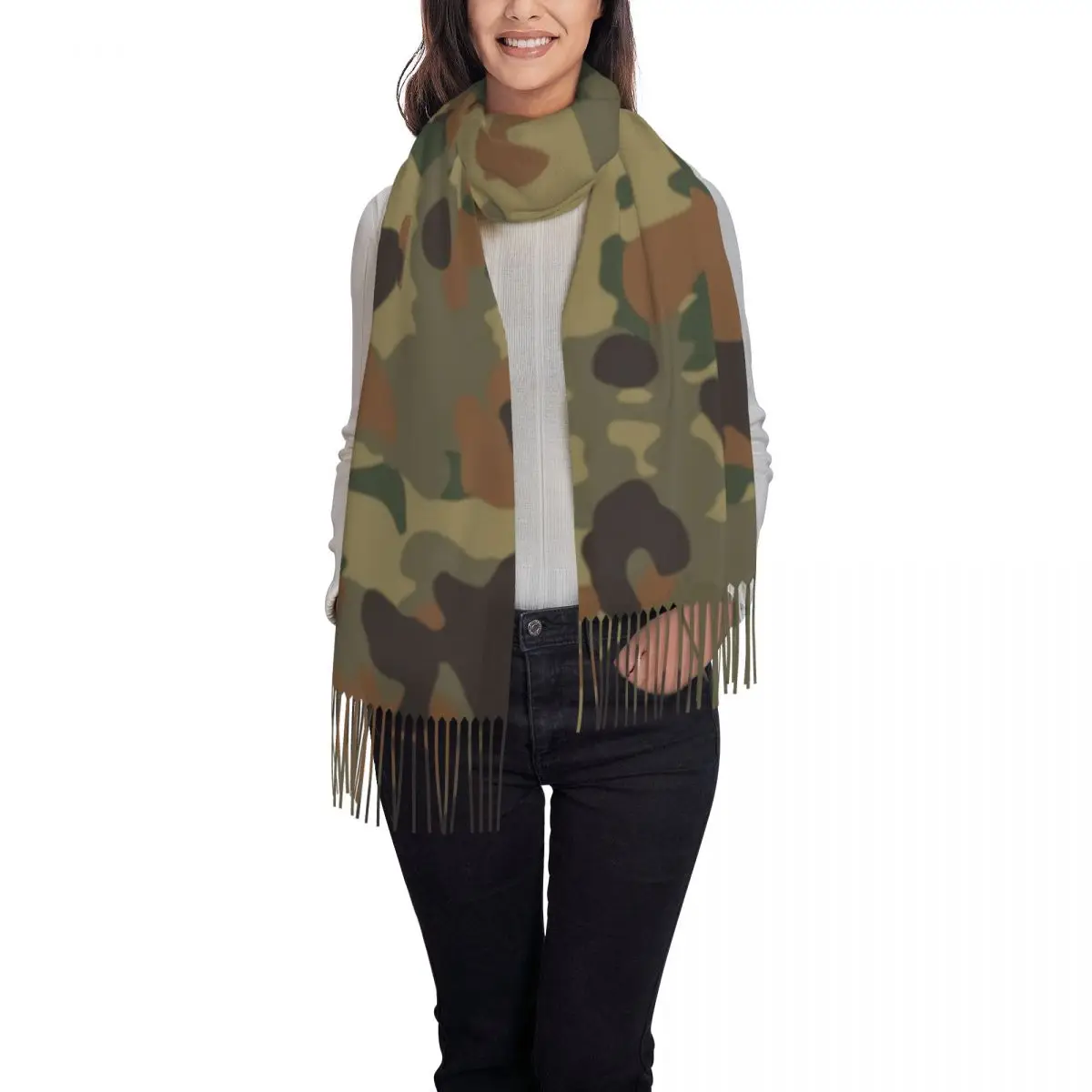 Custom Flecktarn Pattern Camouflage Scarf Wrap for Women Long Winter Fall Warm Tassel Shawl Unisex Morden Camo Style Scarves