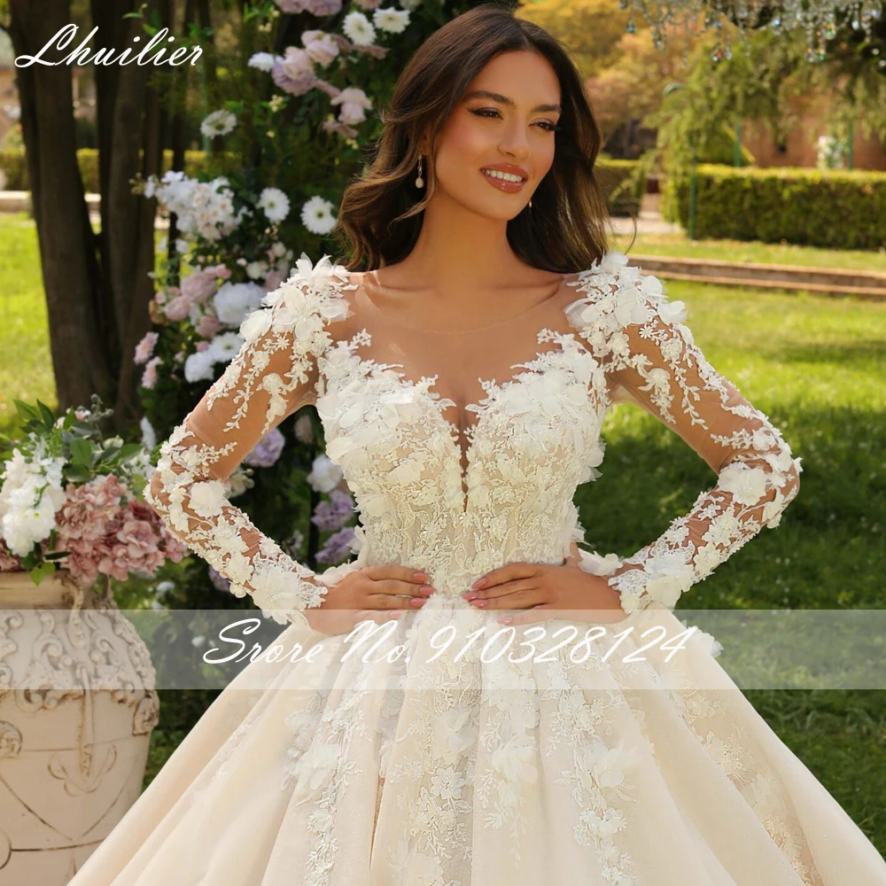 Lhuilier-Colher Pescoço Vestido De Baile, Vestidos De Noiva De Renda, Mangas Completas, Até O Chão, Vestidos De Noiva, Flores 3D