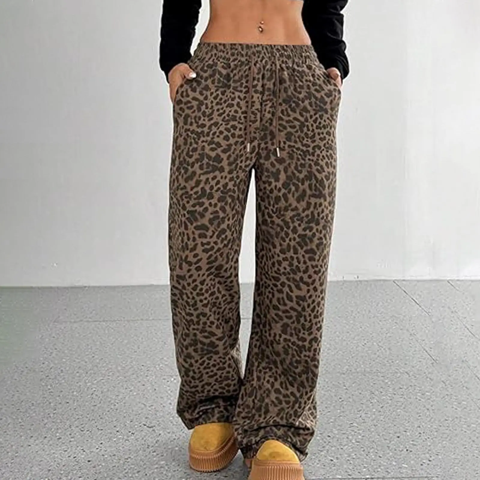 กางเกงขายาวทรงหลวมลายเสือดาวสไตล์ลำลองสำหรับผู้หญิง