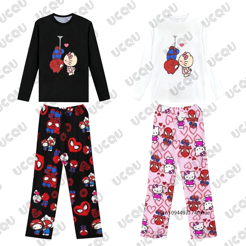 

2026 Men’s Tracksuit Spider-Man & Hello Kitty Print Long Sleeve T-shirt+Pajamas Pants Sets Couples Casual Suit 2 Piece Outfits