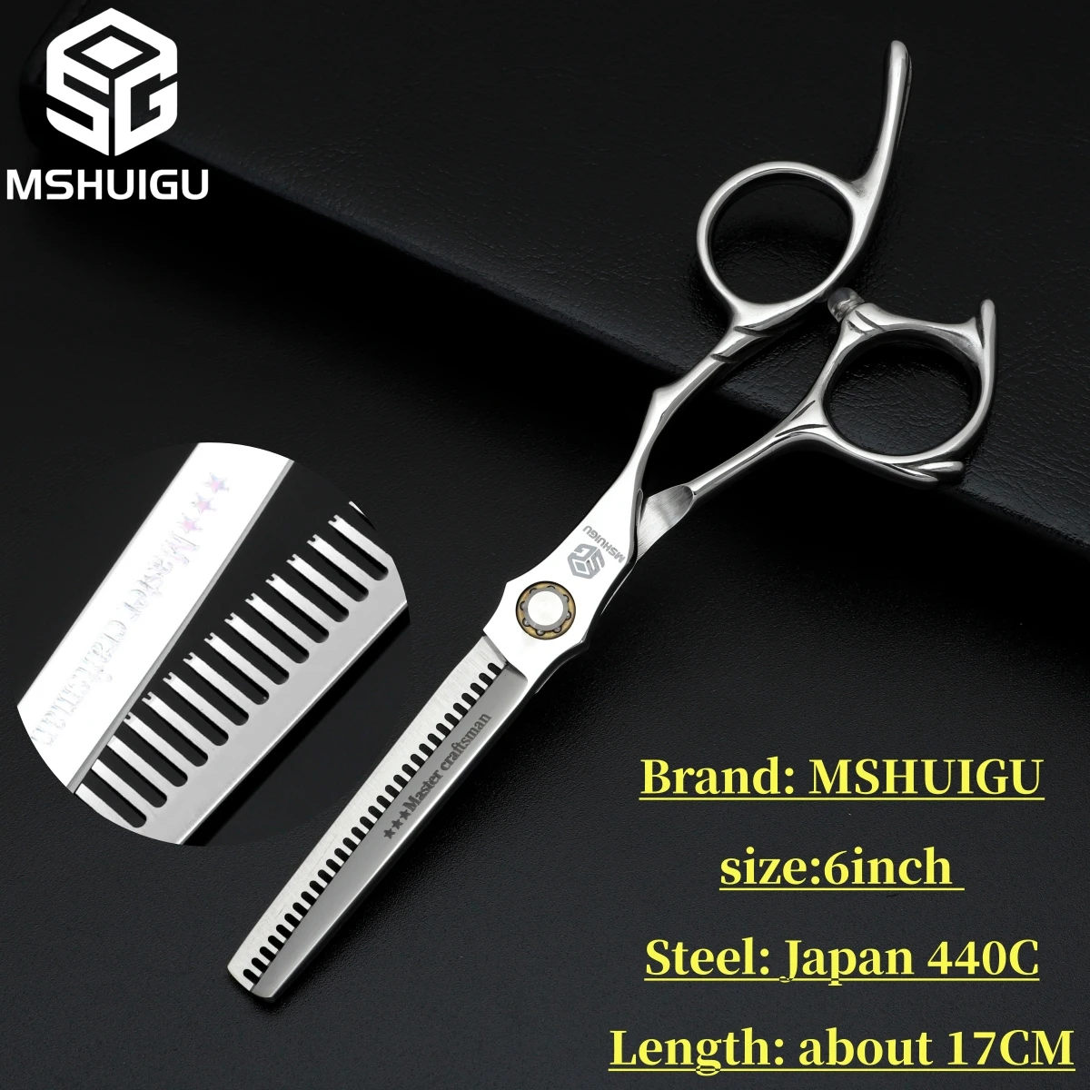 MSHUIGU 6-Zoll professionelle Friseurschere, multifunktionale Effilierschere, umkehrbare Zähne, 440C Stahl, für Familienhaarschnitte – Detail 22