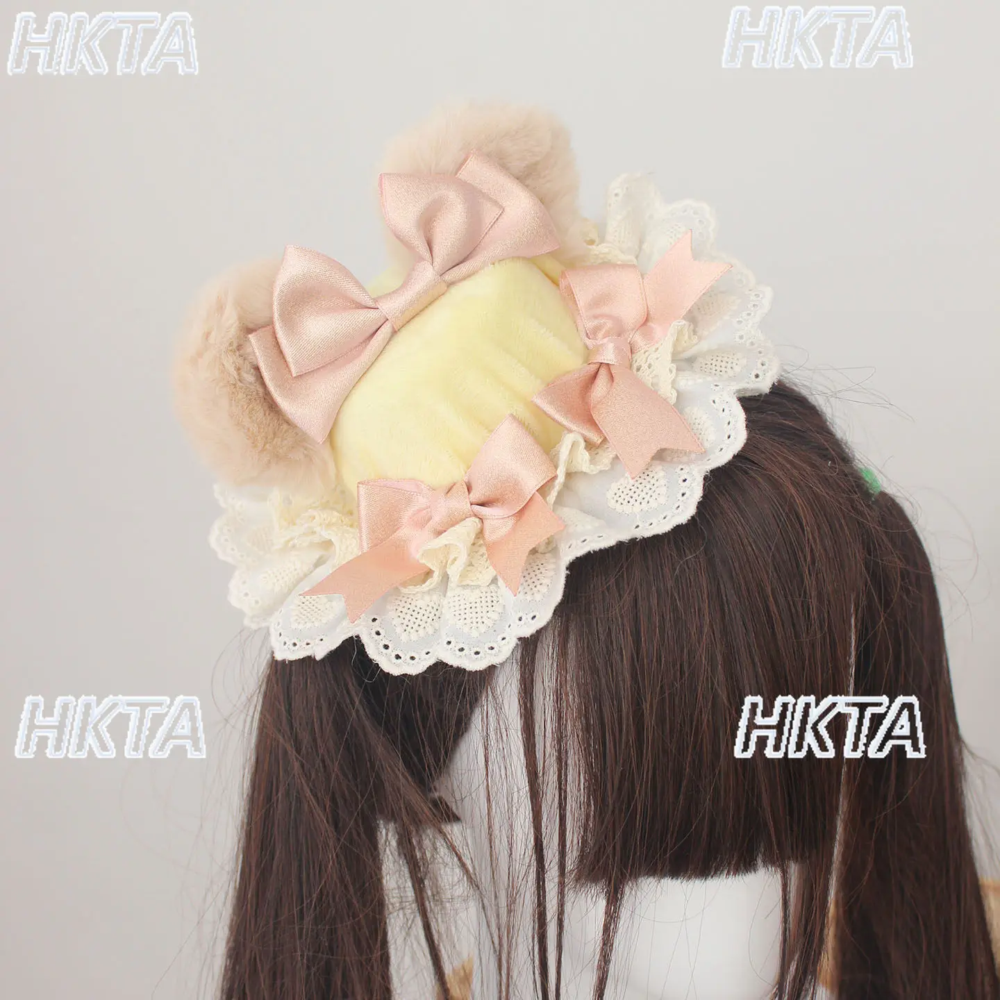 Chapeau bob original fait main, motif ours de dessin animé mignon, rose et vert, avec oreilles d'ours, petit chapeau Lolita pour filles, petit chapeau mignon, costume de cosplay