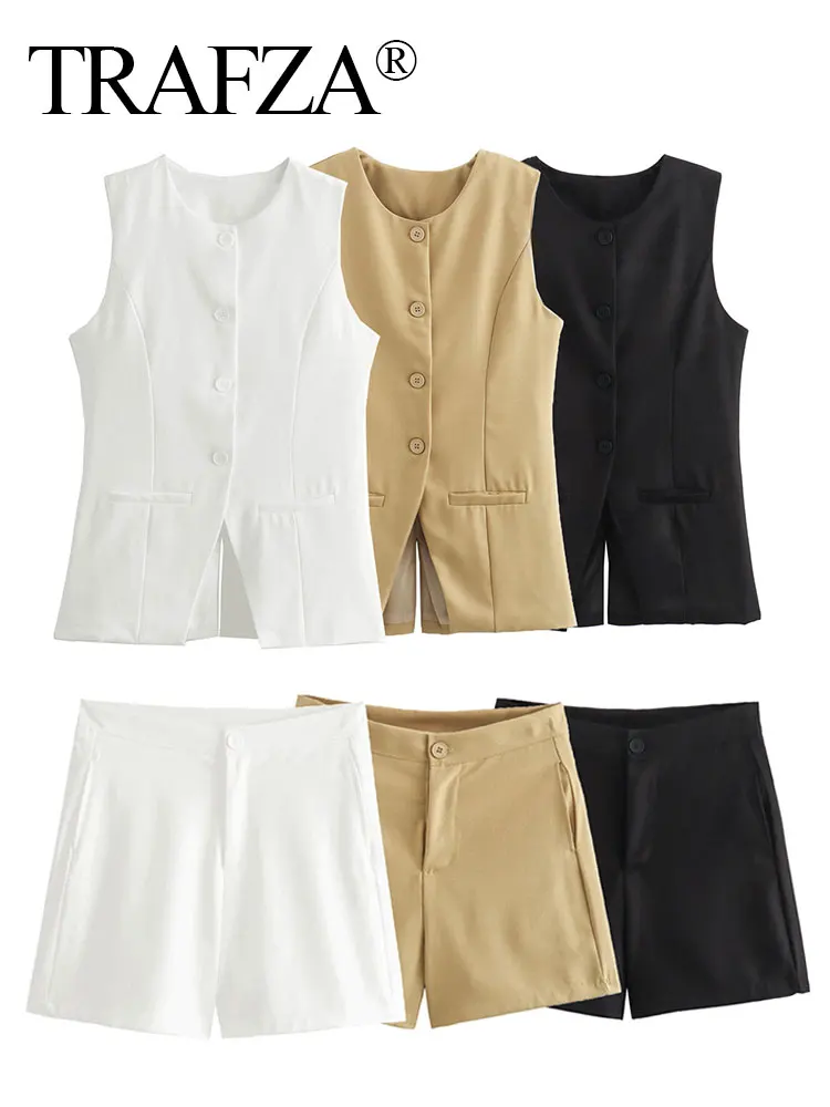 TRAFZA Summer Women Solid Vest Shorts Sets Single Breasted Sleeveless Long Vests Blazer High Waist Slim Pant Office Lady Suit