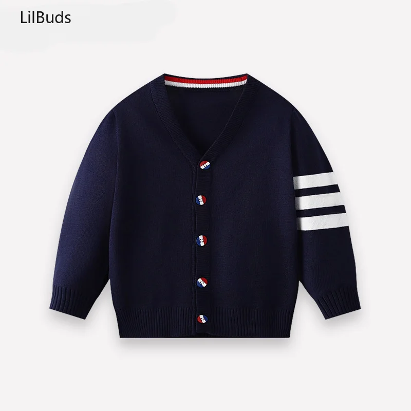 

2024 Boys Cardigan Sweater Striped Children Knitted Cardigans V-Neck Baby Clothes Kids Coat England Style Spring Autumn Knitwear