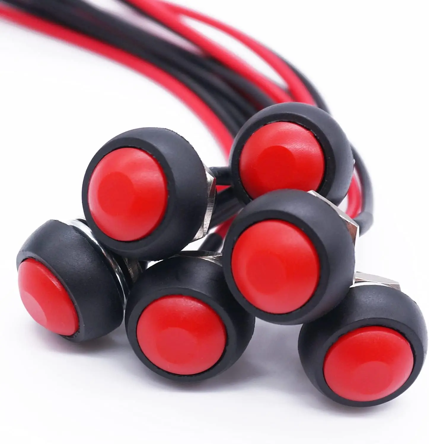 6 قطعة 12 مللي متر لحظة مفتاح بـزر دفع 1/2 "تركيب ثقب على قبالة صغيرة مستديرة مقاوم للماء أسود/أحمر مع أسلاك ملحومة مسبقًا
