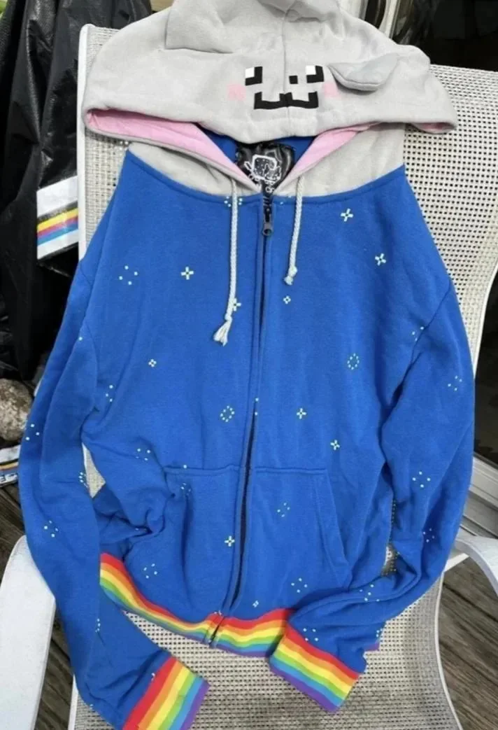 Blue Rainbow Cat Ear Zip Up Hoodie Y2K Streetwear Vintage Oversized Cotton Urban Hip Hop Fashion Casual Unisex