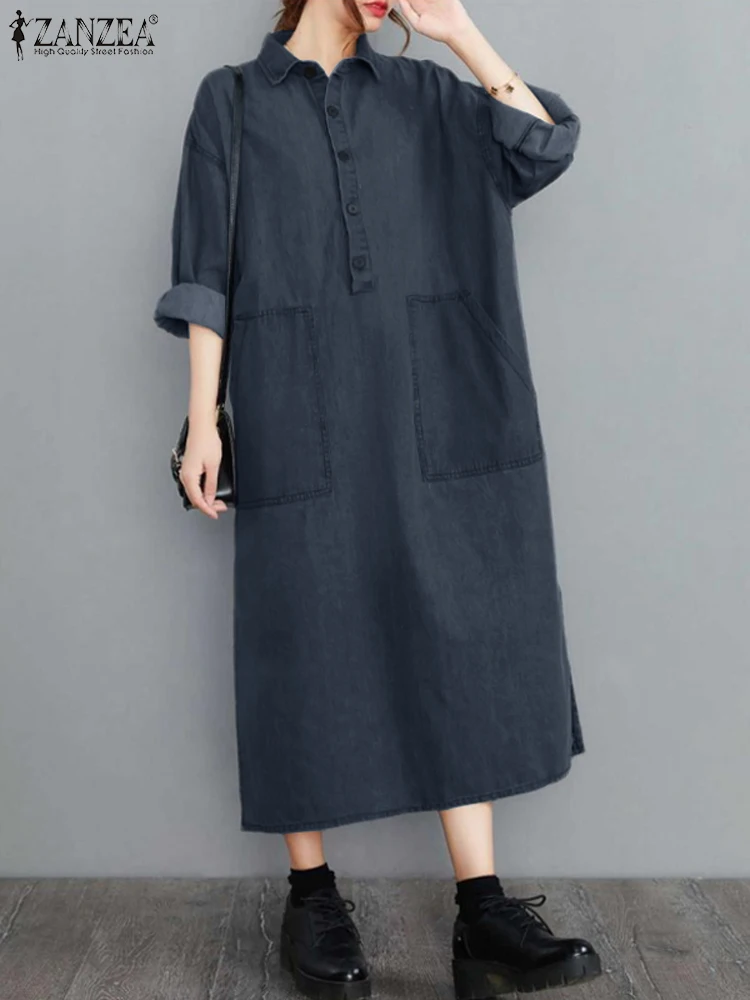 

Women Long Sleeve Sundress ZANZEA Koren Fashion Vestidos 2024 Elegant Solid Color Lapel Collar Midi Dresses Pockets Loose Robe