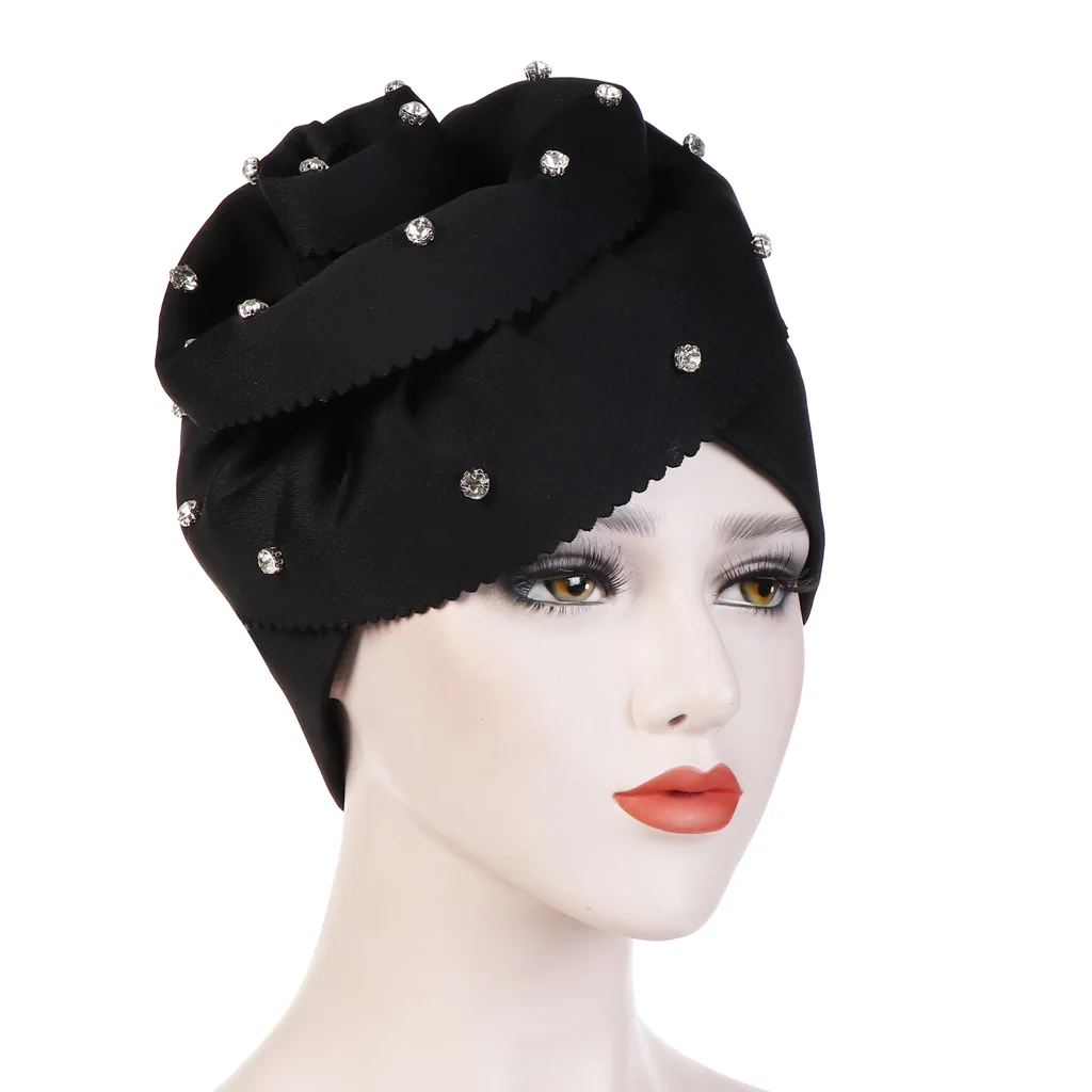 2023 Trendy Women Big Flower Turban Hat Fashion Muslim Hijab Caps Diamonds Head Wrap Ladies Bandana Chemo Cap African Hat