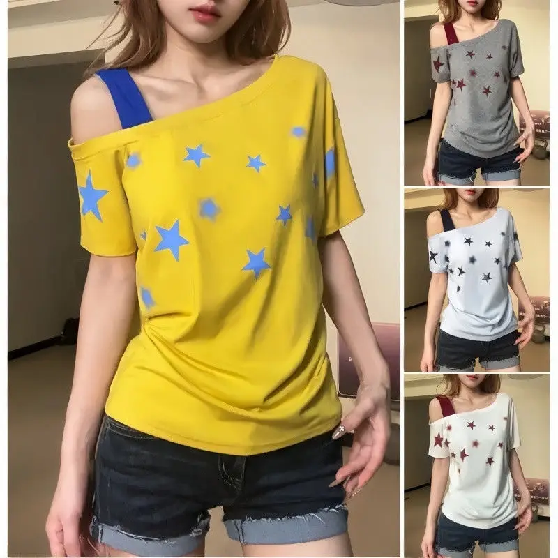 

Star Print Women'S Off-The-Shoulder T-Shirt Strap Summer NEW Y2k Fashionable Female Clothing American Style Cropped T-Shirt