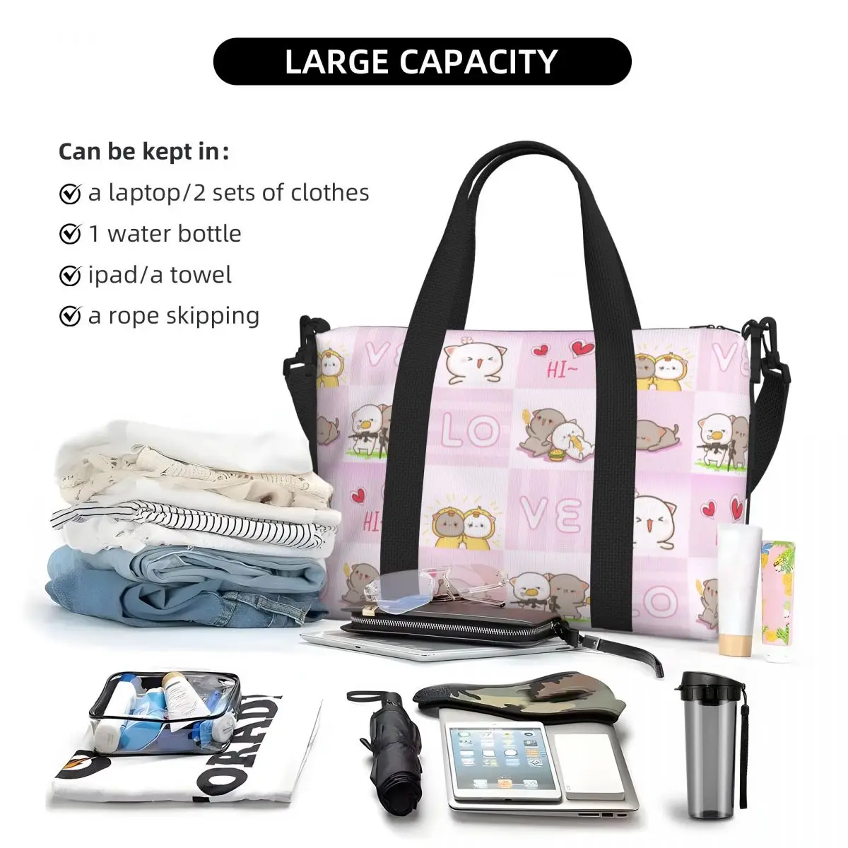 Custom Peach And Goma Tote Bag Women Large Capacity Cartoon Mochi Cat Beach Gym Shoulder Travel Bag