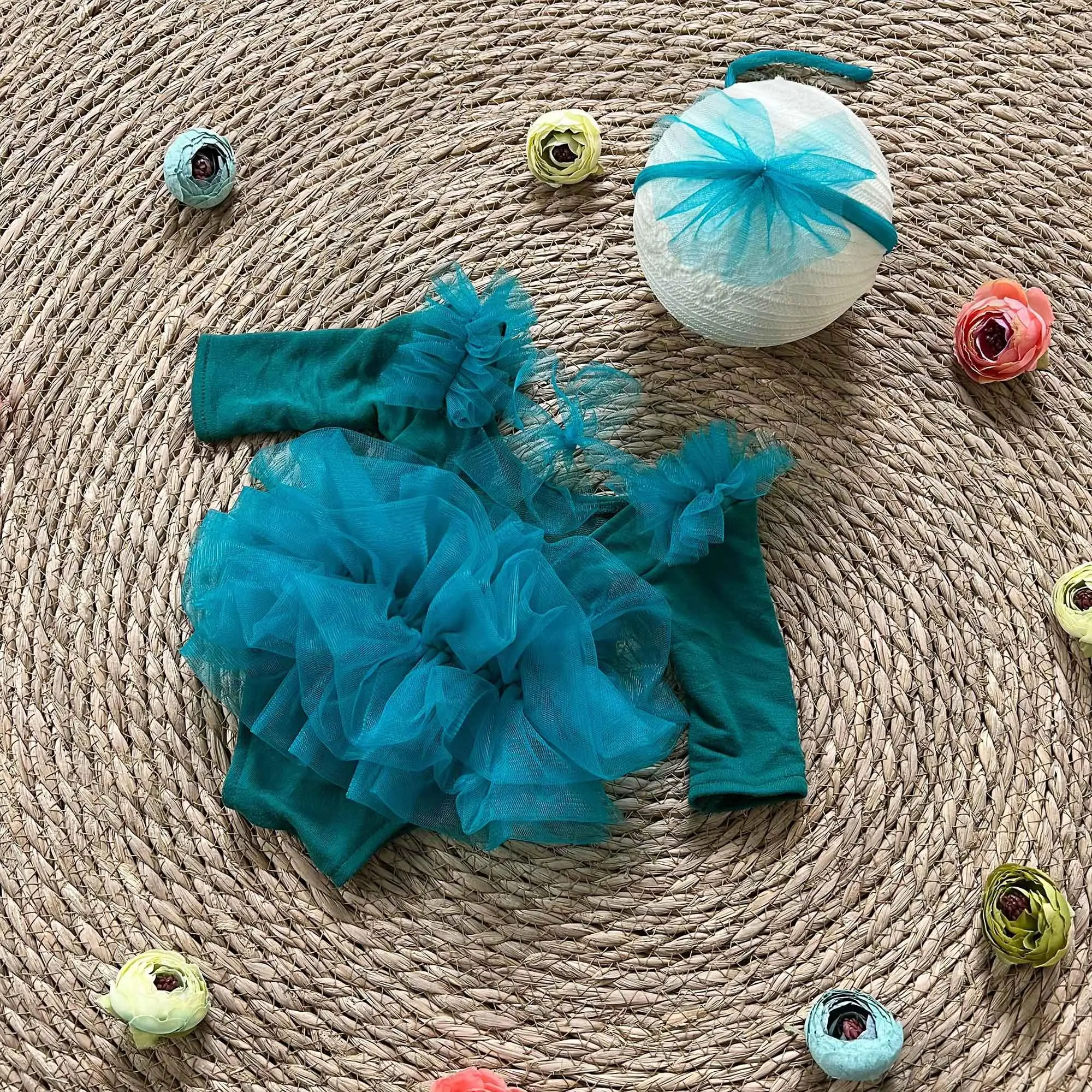 

Don&Judy Newborn Baby Girl Jumpsuit Dress Net Yarn Multi-layer Lace Long Sleeve Newborn Romper With Headband