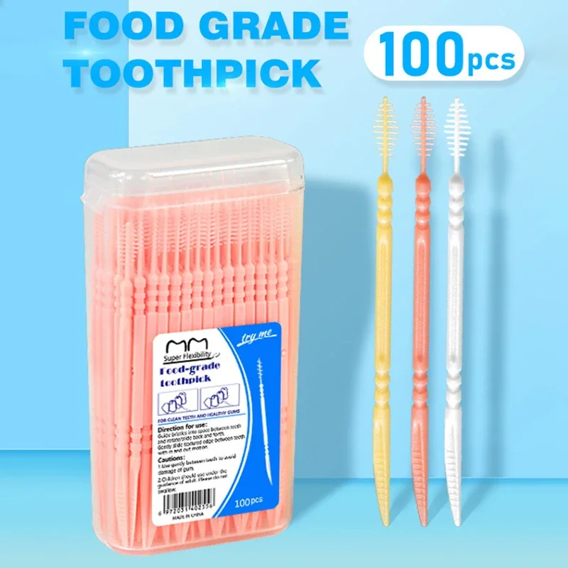 

100pcs/Box Dental Oral Care Toothpicks Floss Pick Double Head Dental Floss Interdental Toothpick Brush Teeth Stick Brush