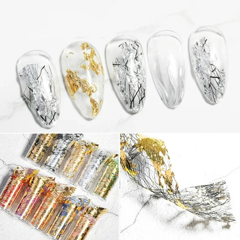 4x50cm Chic Gold Silver Tin Foil Flake for Nail Art Trending Net Thread Mesh Design Ornamentation DIY Nail Decorations Fragments