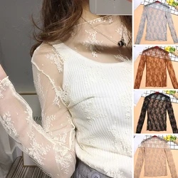 Summer Sexy Mesh Transparent Blouses Womens Lace Floral Embroidery Shirts Basic Long Sleeve Black T Shirt See Through Top