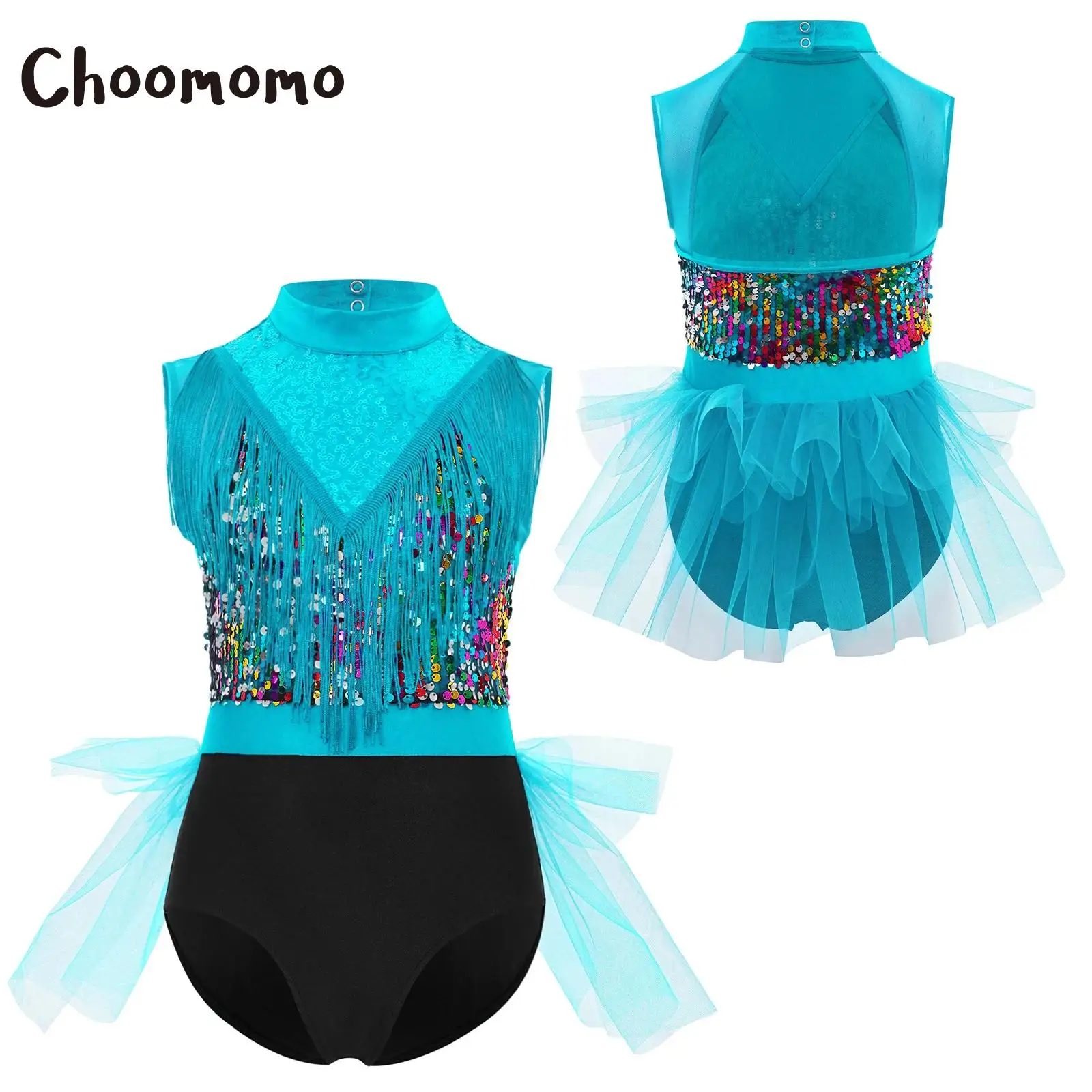 

Girls Ballet Dance Leotard Latin Dance Dress Cutout Back Sequin Tassels Figure Skating Gymnastics Tutu Skirt Bodysuit
