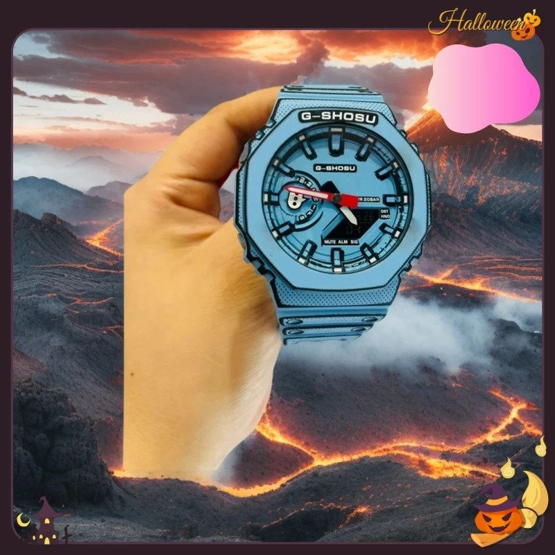 Orologio sportivo elettronico da uomo, ora mondiale, funzione completa, doppio display, sollevamento automatico, fumetti in quercia leggera