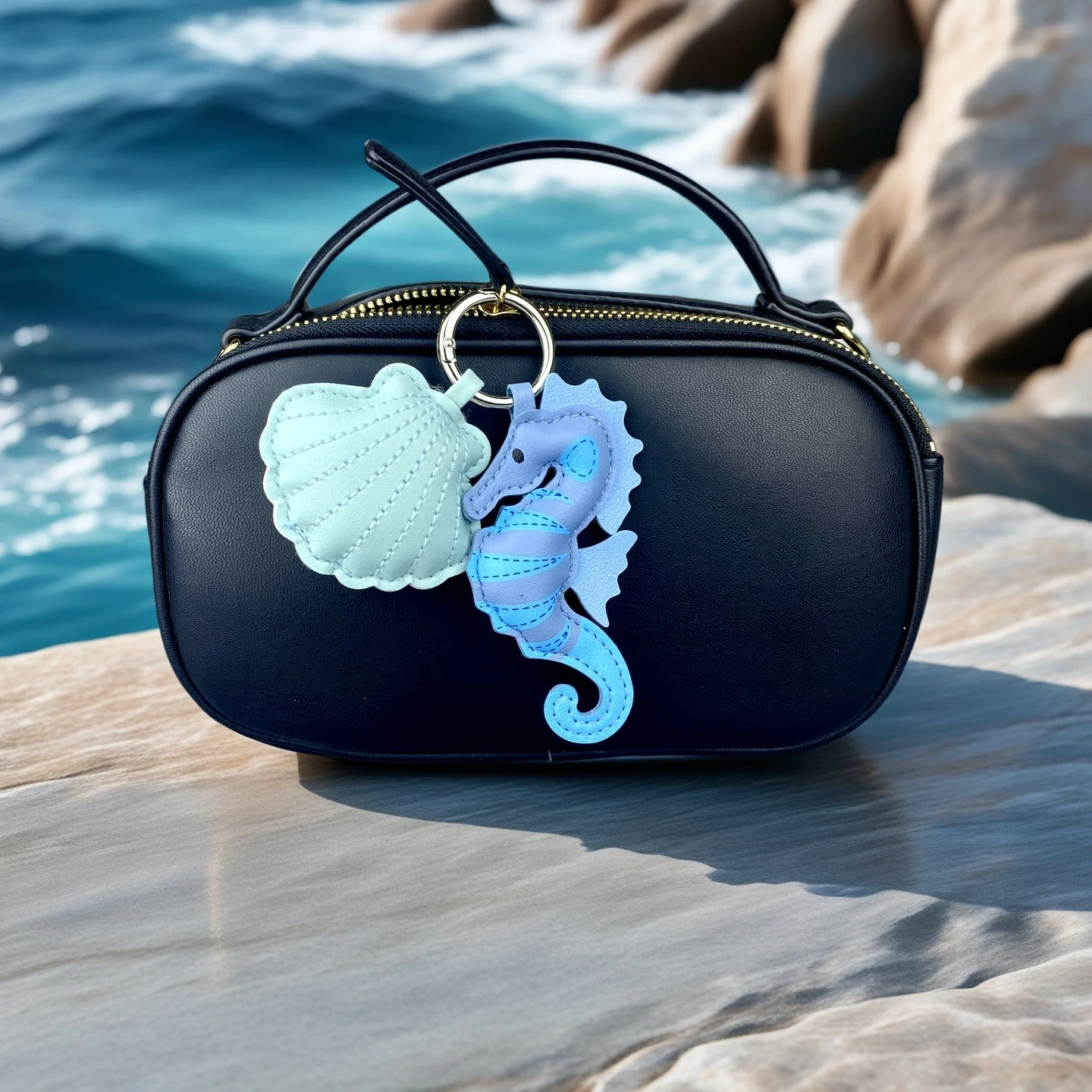 Cute PU Leather Keychain with Ocean Animal Charms - Stress Relief Sea Horse Shell Sea Lion Orca Pendant Gift Accessory view 6