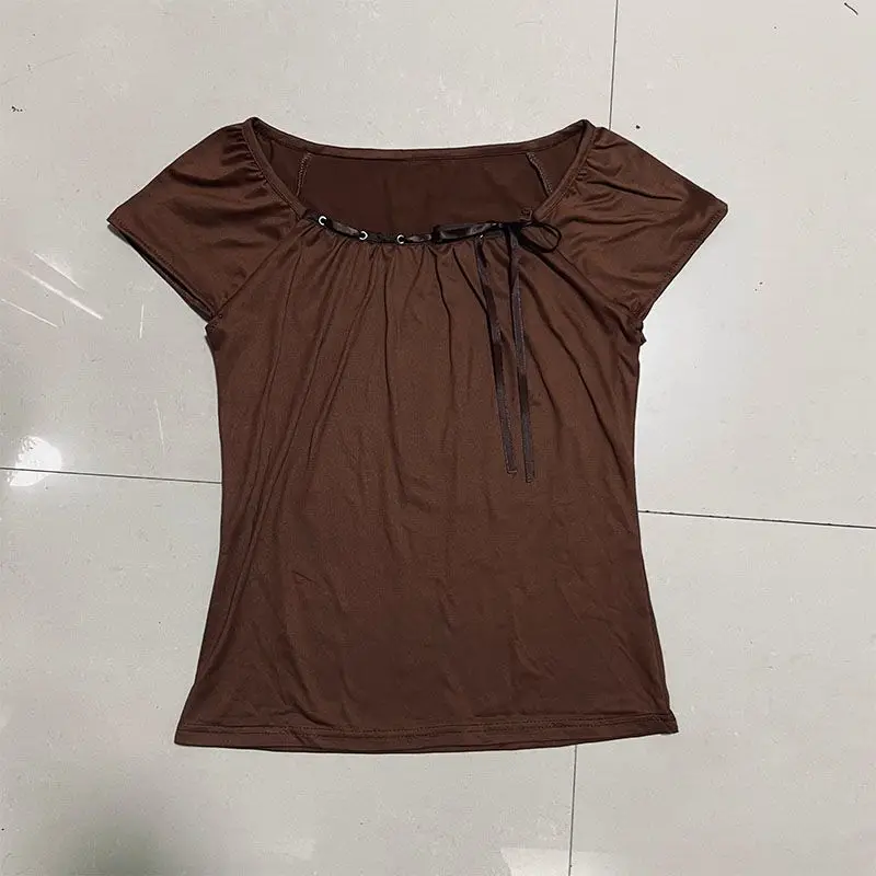 Kimotimo Vintage Brown Short Sleeve T-shirt Women Square Collar Lace Up Slim Fit Crop Top Simple Spicy Girl Y2k Aesthetic Tees
