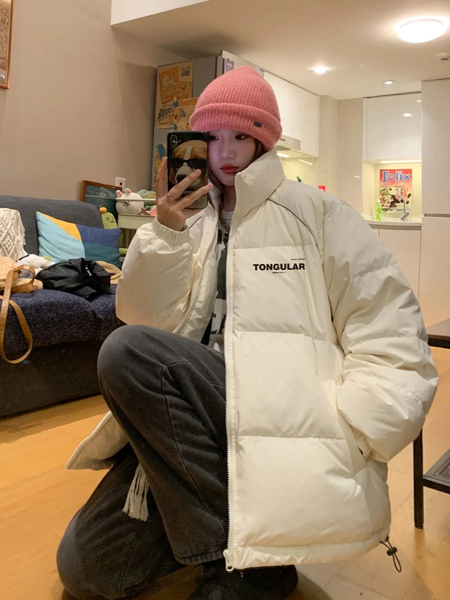 

Couple Thiened White Du down Puffer Jaet Loose Bread Sle Stand Collar Youth Trendy Brand Winter Outerwear Coat