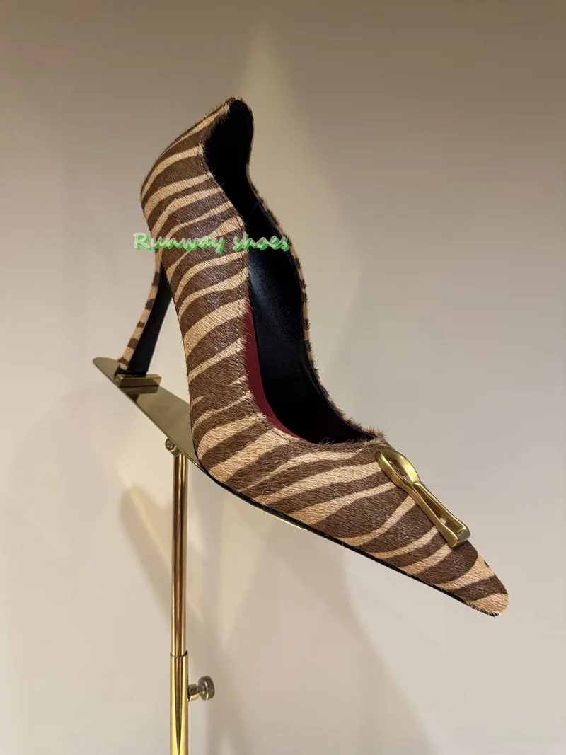 Pointed Metal Buckle Decorate Wavy Shoe Opening Women's Single Shoes Sexy Stilettos Color Blocking Women's Shoes High-end Shoes