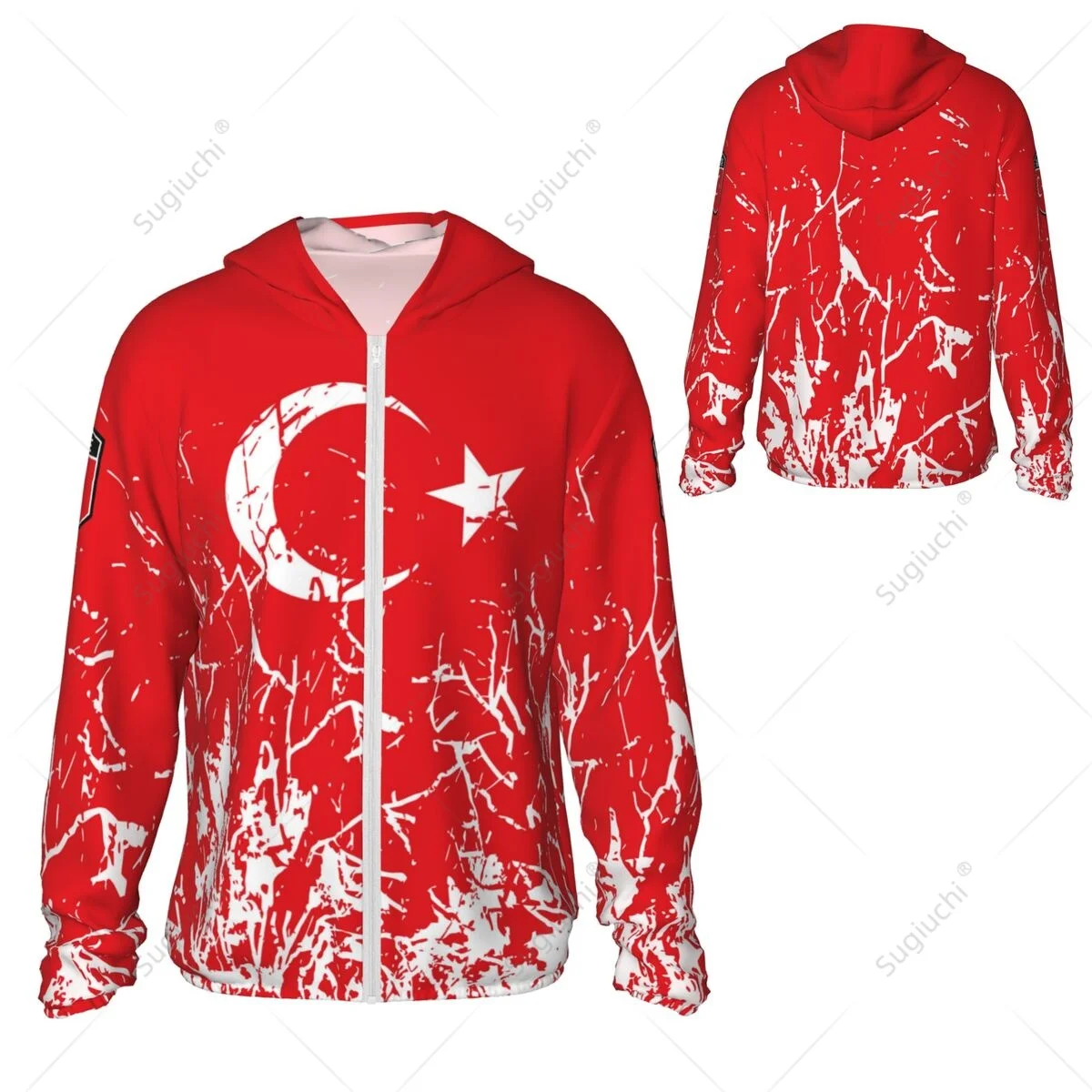 Sudadera con capucha de protección solar con bandera de Turquía, ropa de protección solar, pesca, ciclismo, correr, secado rápido, manga larga con cremallera, poliéster